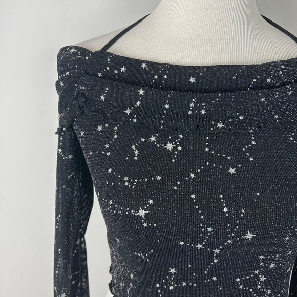 Women’s Black Cropped Top Mesh Celestial Whimsigoth Long Sleeve Size Medium Wome - Picture 2 of 4
